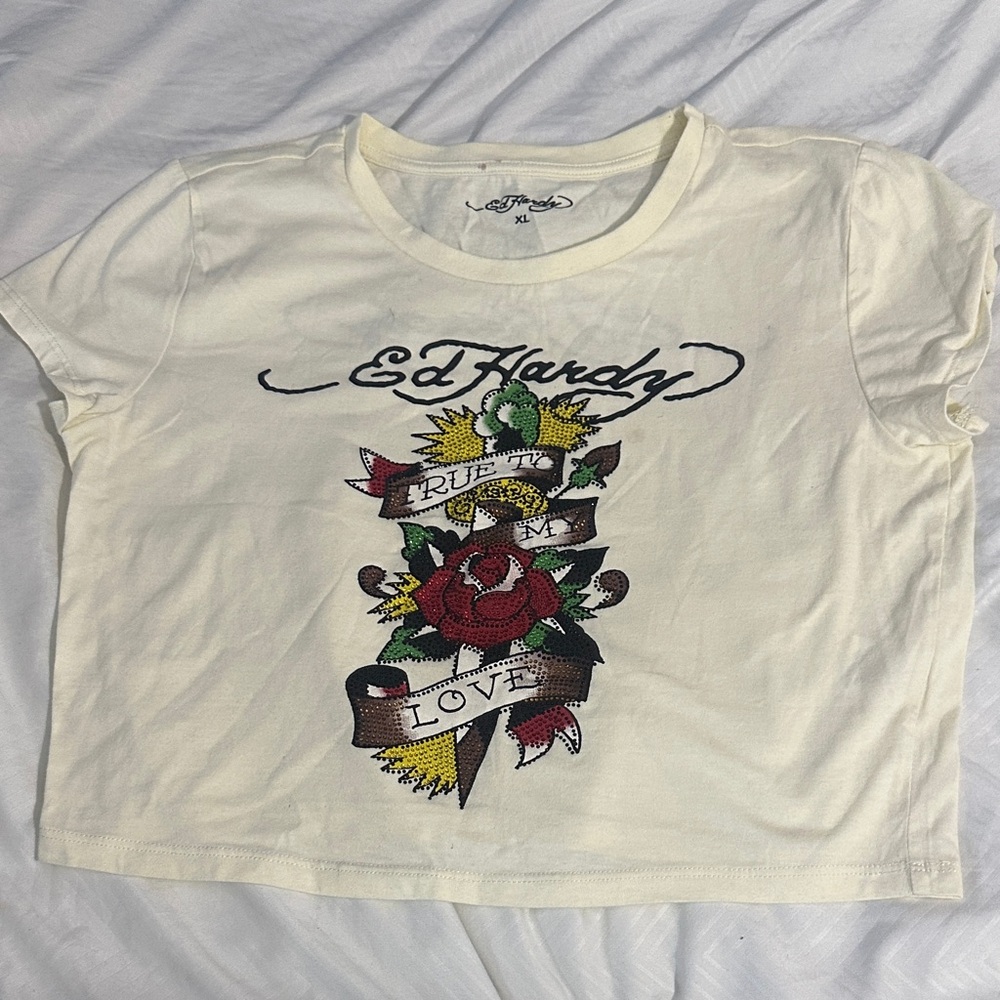 Ed Hardy Cream Tee with Colorful Tattoo Graphic Crop top